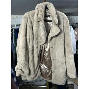 Rachel Zoe Faux Fur Coat Women’s L Taupe Collared Thigh Length Soft Jacket